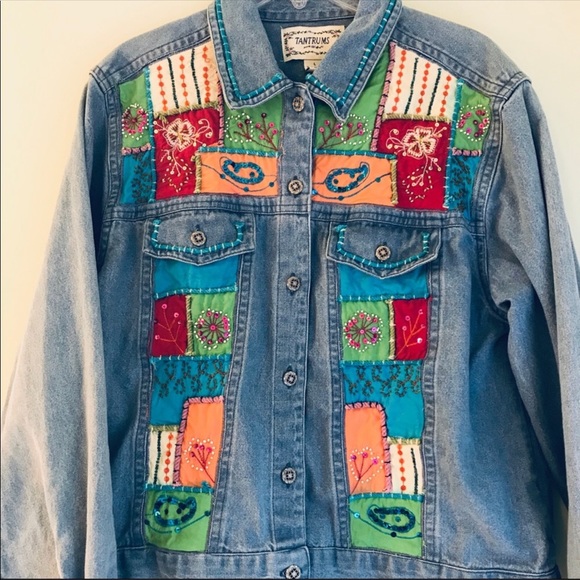 Vintage Ladies Patchwork Quilt Sequin Jean Jacket - Picture 2 of 8